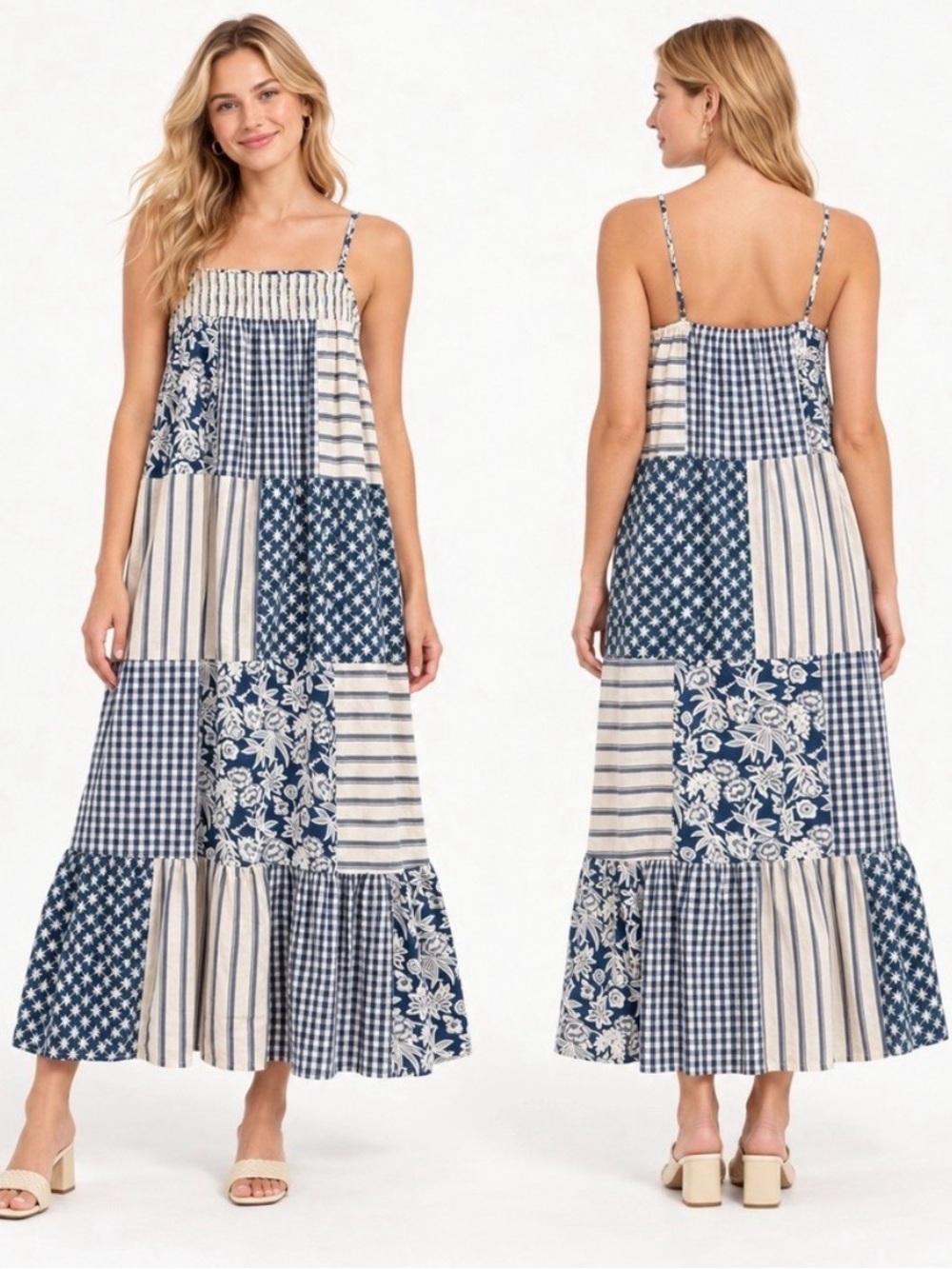 Universal Thread Cotton Patchwork Smocked Tiered Maxi Dress Cottagecore Blue M